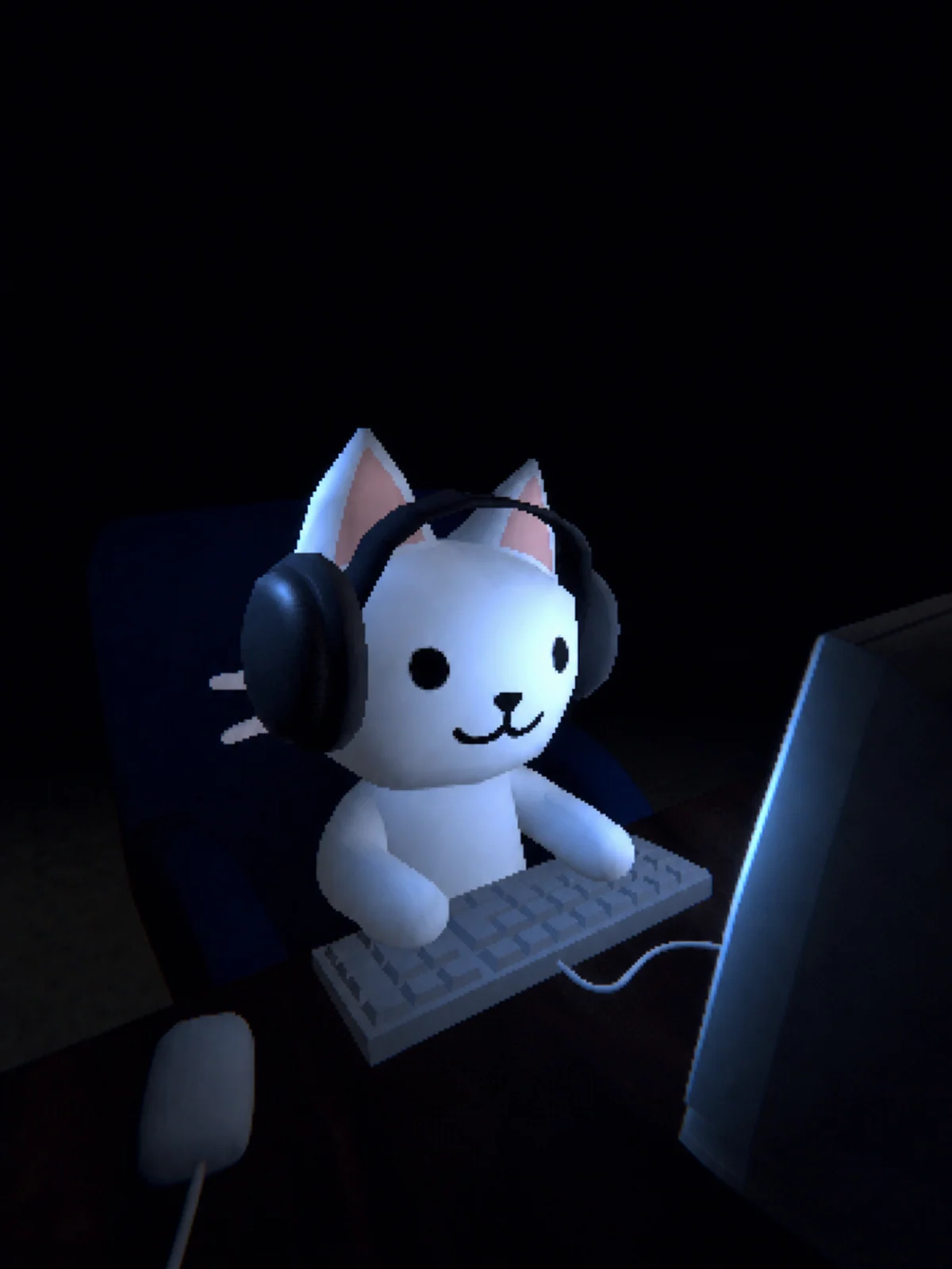 Gamer Cat in headphones at a desk in a dark room